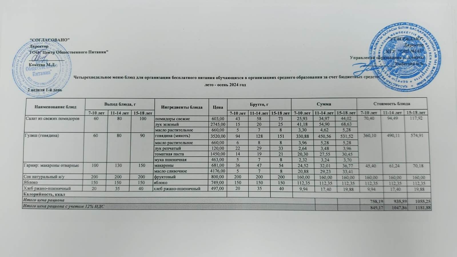 Дүйсенбі күнгі ас мәзірі 2-апта 1-апта