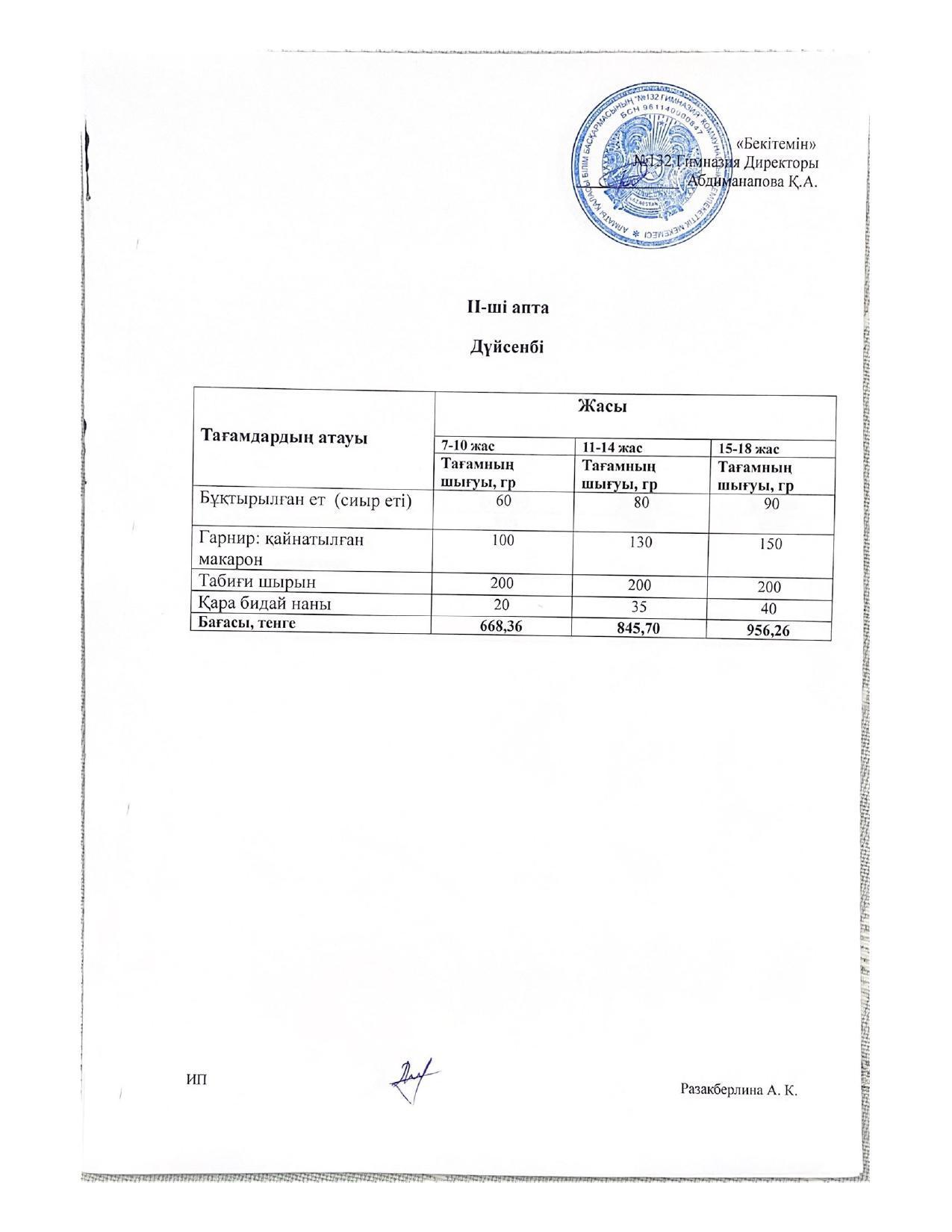 ІІ-апта, Дүйсенбі күнгі ас мәзірі