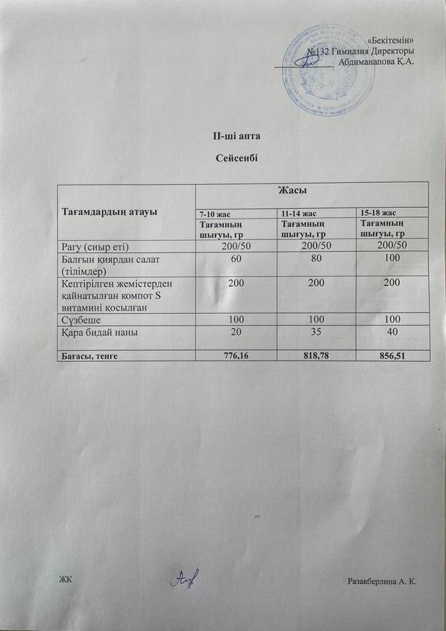 ІІ-апта, Сейсенбі күнгі ас мәзірі