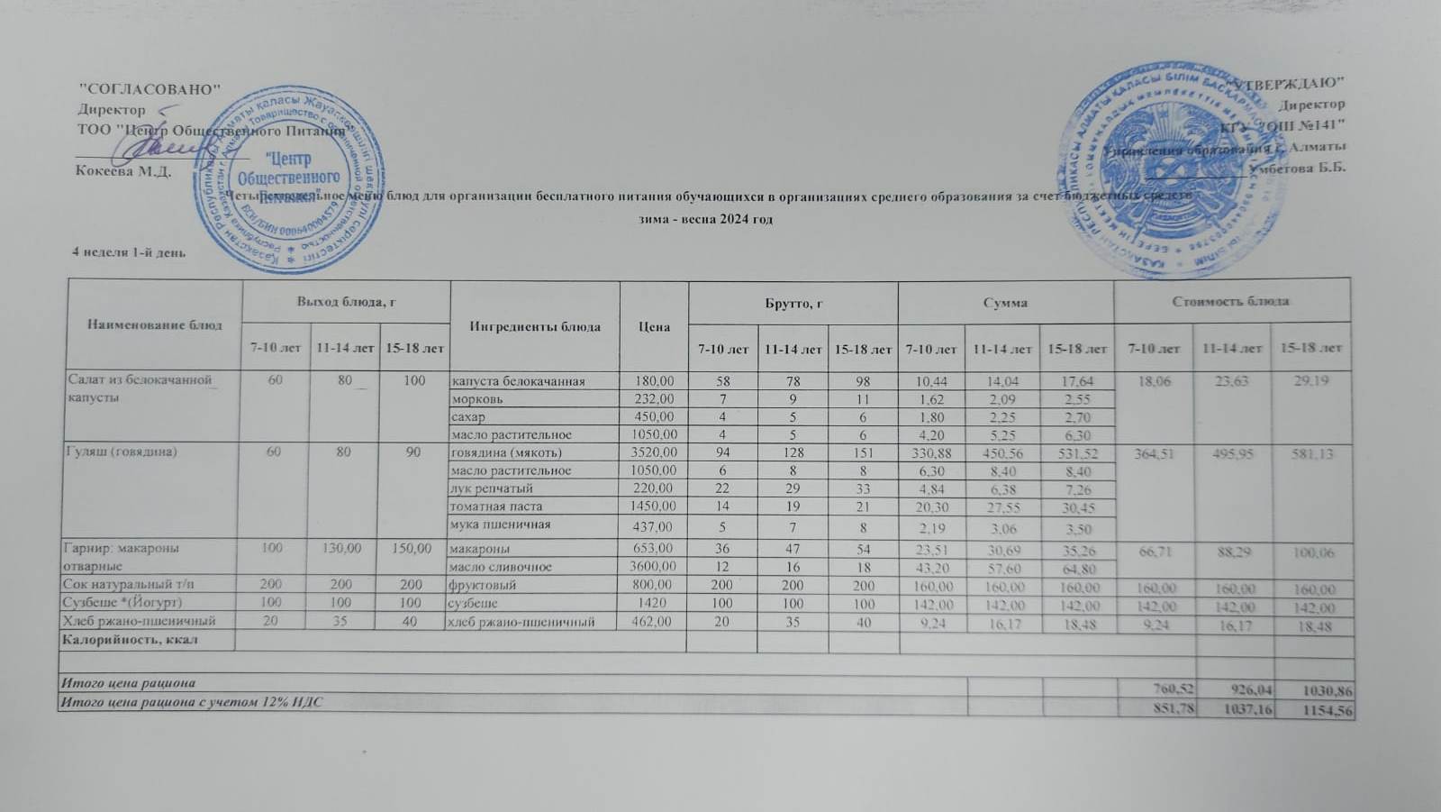 Дүйсенбі күнгі ас мәзірі 4-апта 1-күн
