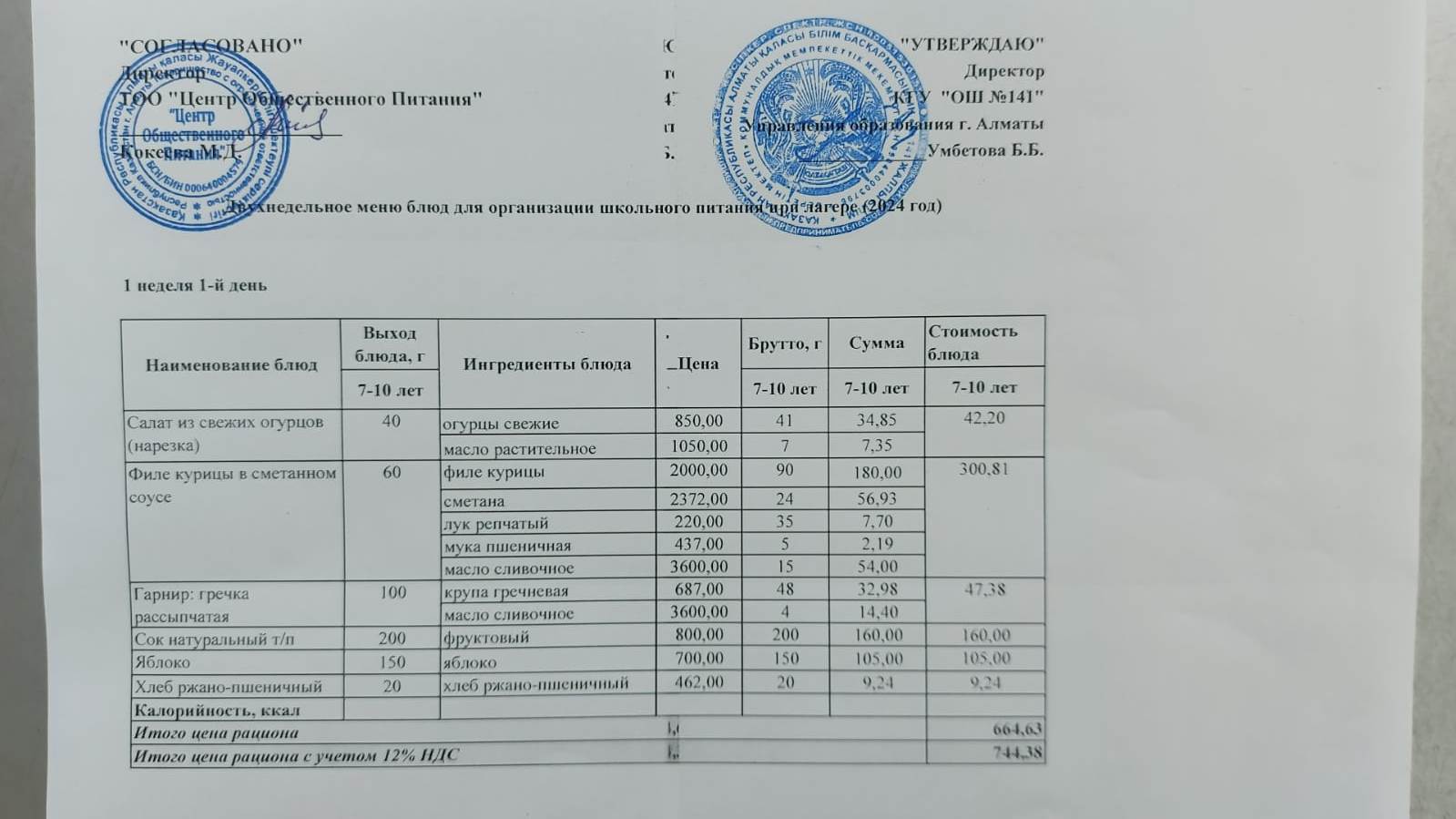 Дүйсенбі күнгі ас мәзірі 1-апта 1-күн