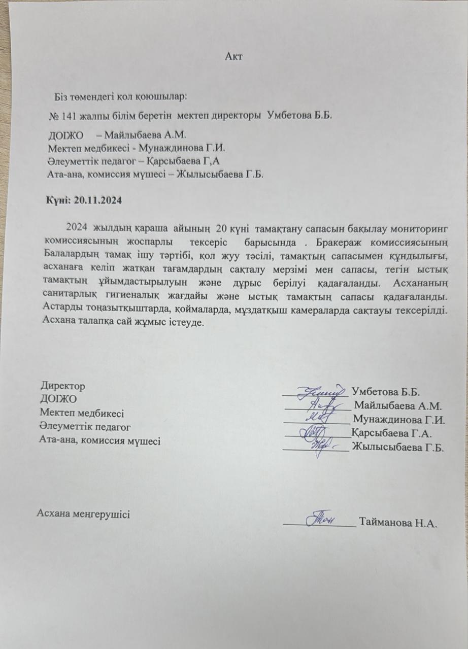 Акт тамақтандыру сапасын бақылау жөніндегі мониторинг