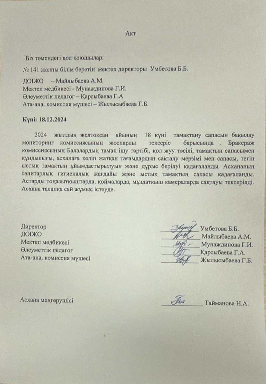 Акт тамақтандыру сапасын бақылау жөніндегі мониторинг