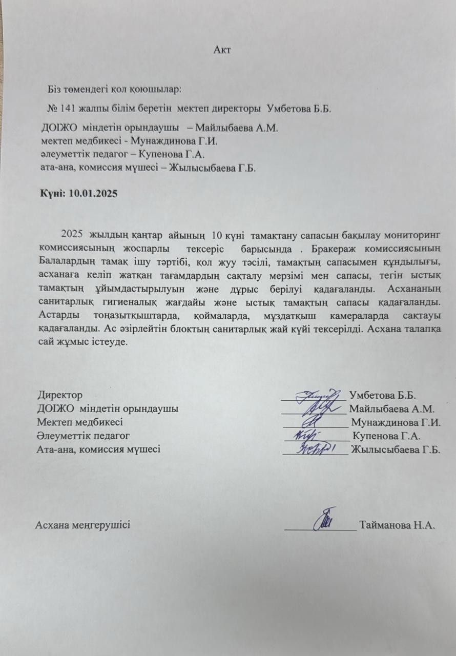 Акт тамақтандыру сапасын бақылау жөніндегі мониторинг