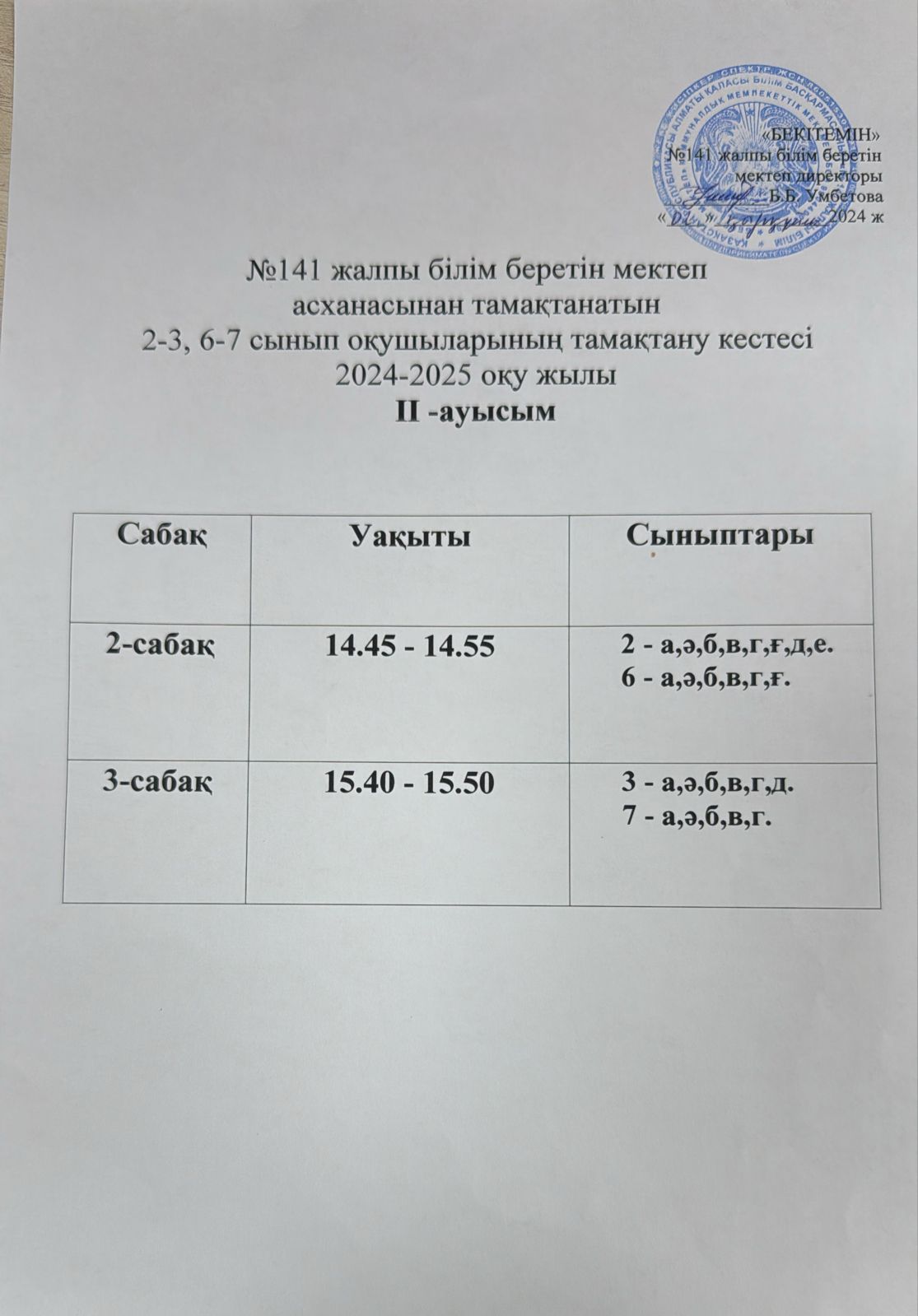 Асхананың тамақтанатын 1-11 сынып оқушыларының тамақтану кестесі І, ІІ - ауысым