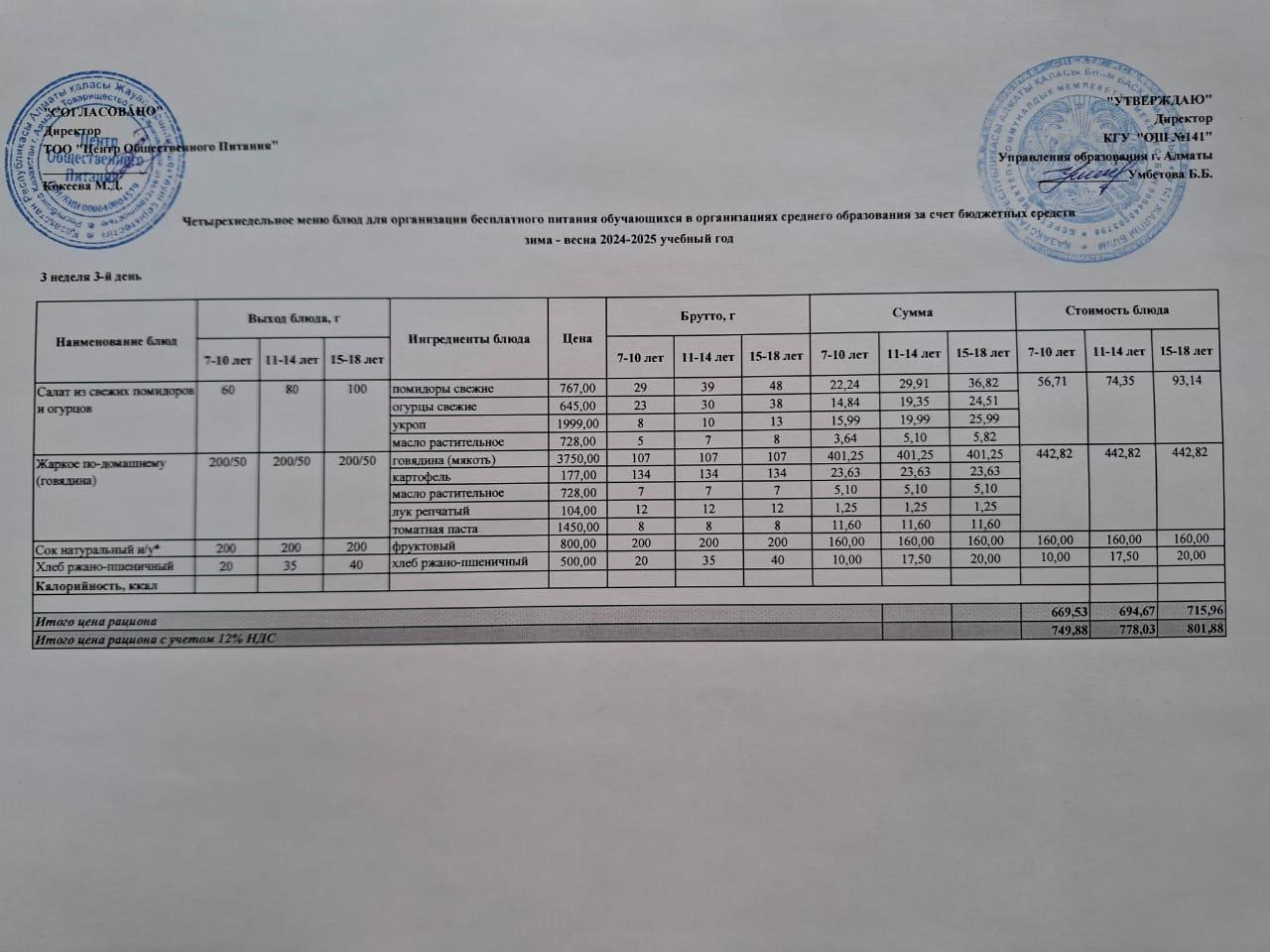 Сәрсенбі күнгі ас мәзірі 3-апта 3-күн