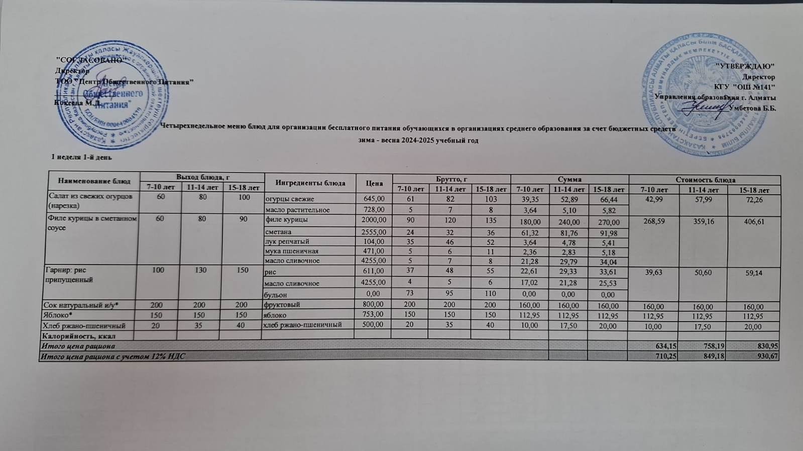 Дүйсенбі күнгі ас мәзірі 1-апта 1-күн