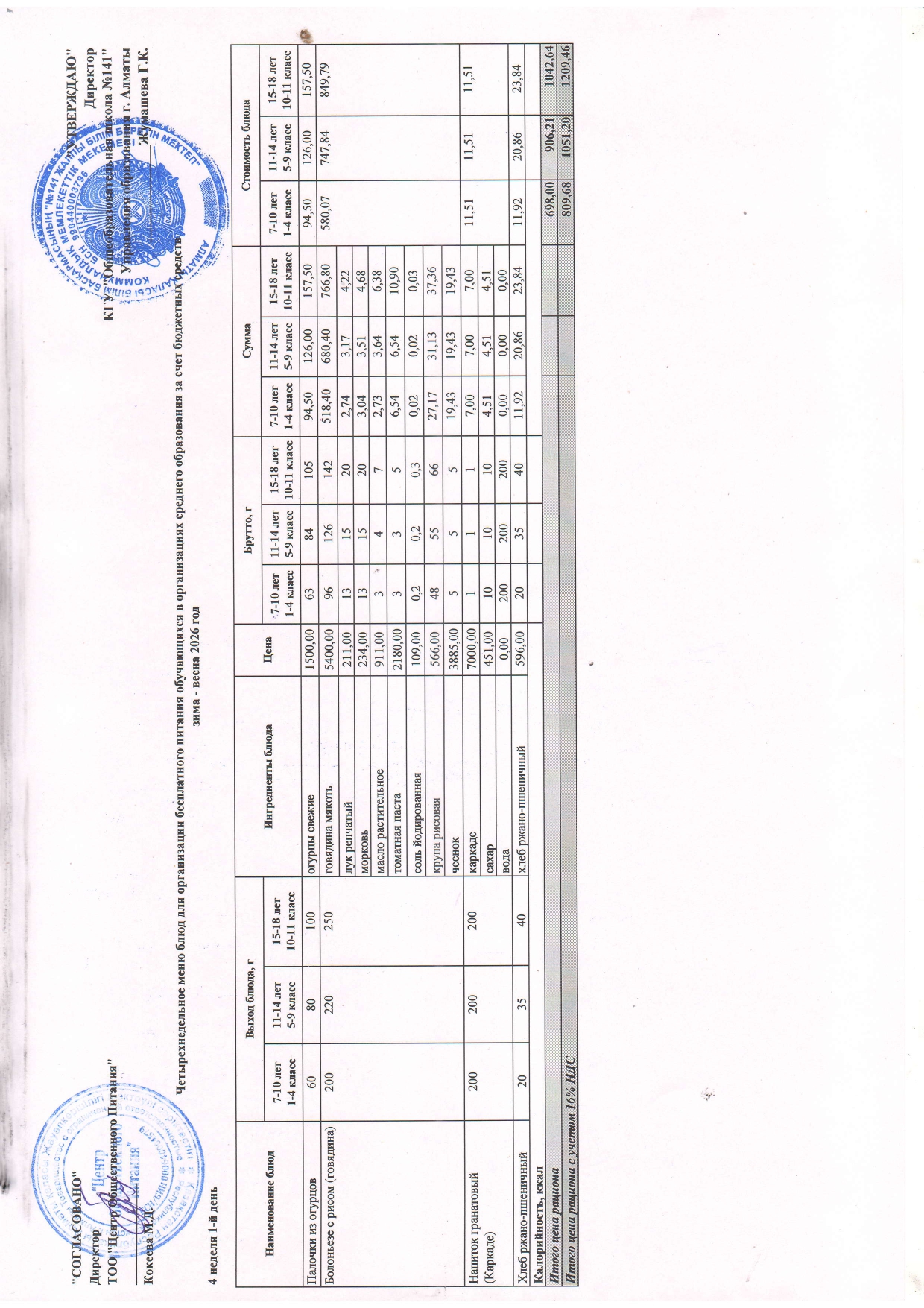 Дүйсенбі күнгі ас мәзірі 4-апта 1-күн